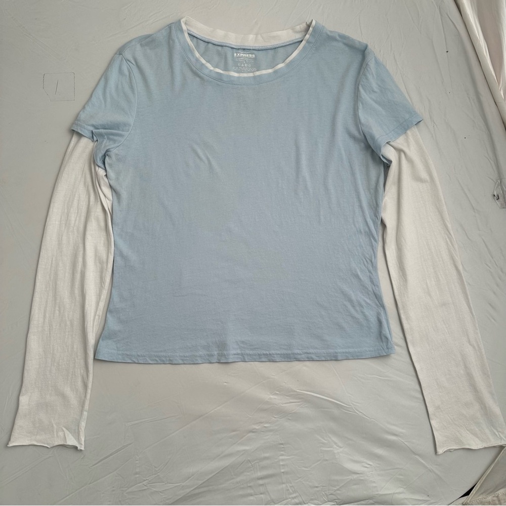 Express faux layer blue and white long sleeve layered style t-shirt - Picture 10 of 10